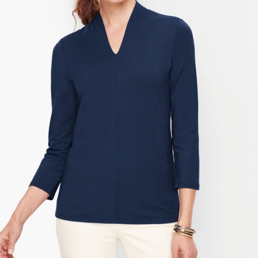 Talbots Platinum Jersey High Neck Top Size XL Black V Neck